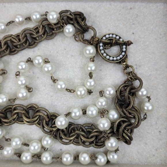 Jewelry - Burnished gold pearl triple strand necklace decorative toggle lady whimsigoth